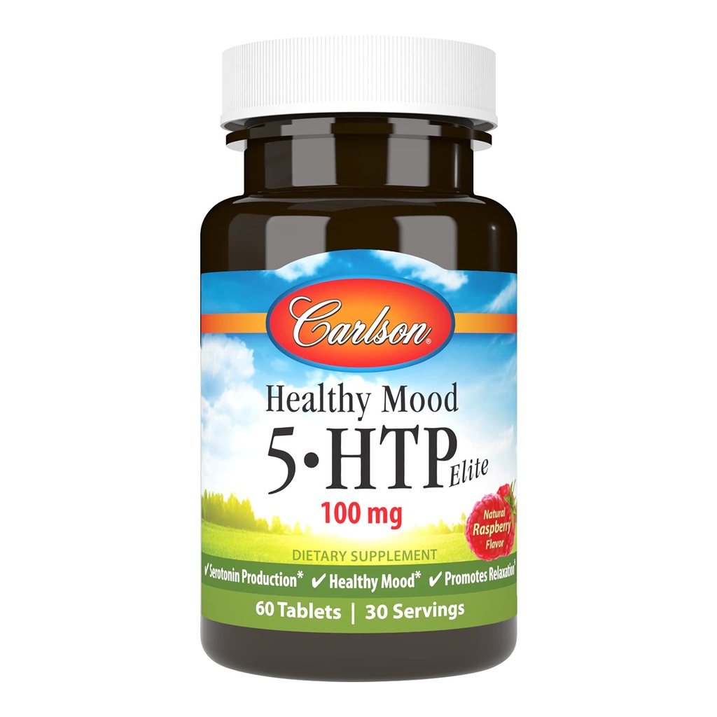 Carlson Healthy Mood 5- HTP Elite 100 mg z witaminą B6 - Mood Support & Relaxation Supplement - Malina Chewable - 60 tabletek