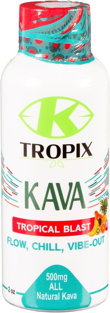 K- Tropix Kava Shot Tropical Blast - 500mg Wellness Shots to Promote Relaxation and Reduct Worry - Kava Drink - Martwienie, Napięcie, Suplement Ulgi Strein - 1 Pack