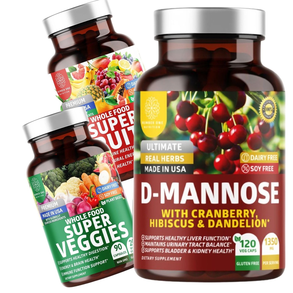 Numerze 1 Nutrition N1N Premium D- Mannose z żurawinem i Hibiscus [1350mg], 120 Kapsułek i Super Fruits & Vegegies Whole Food Supplement, 180 Kapsułek, 2 Pack Bundle