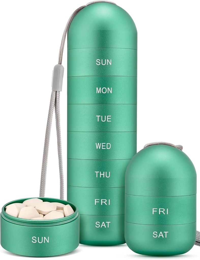 Zannaki Metal Moisture Proof Weekly Pill Organizator, Stackable Aluminium Alloy BPA Free Travel Turystyka 7 dni Pill Box Case Wodoodporny i duży komplet do przechowywania tabletek, Witaminy, Olej rybny, Suplementy