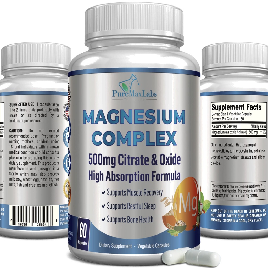 Wysoka absorpcja Magnezu Citrate Complex 500mg Magnezu Citrate & Oxide - Wspiera spokojny sen, mięśnie Cramp Relief, Odzysk mięśni, zdrowe zęby & kości, Non-GMO - 60 Kapsułki warzyw