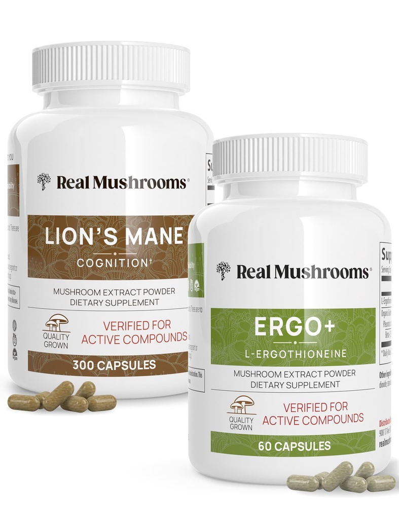 Prawdziwe grzyby Ergotioneine (60ct) i Lions Mane (300ct) Bundle with Shiitake and Oyster Mushroom Extracts - Longevity and Cognition - Vegan, Gluten Free, Non-GMO - Naturalne wsparcie dla zdrowego starzenia