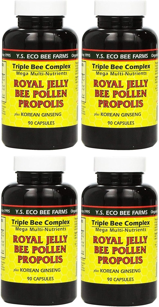 Y.S. Eco Bee Farms, (4 pack) Royal Jelly, Bee Pollen, Propolis, Plus Koreański Ginseng, 90 Kapsułki