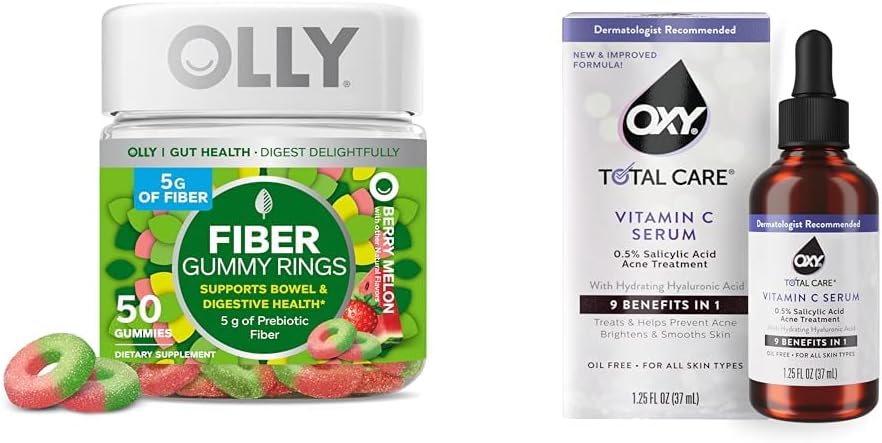 OLLY Fiber Gummy Pierścienie 50ct + Oxy Total Care Hydrating Witamina C Serum do wsparcia trawiennego, Czystsza skóra