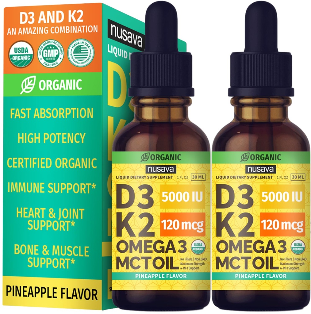(2 opakowania) Organiczna witamina D3 K2 Krople z MCT Omega 3, Maksymalna moc Witamina D Płyn 5000 IU, Nie Napełniacze, NieGMO Płyn D3 do szybszego wchłaniania i wsparcia immunologicznego (Ananas, 2 Fl Oz)