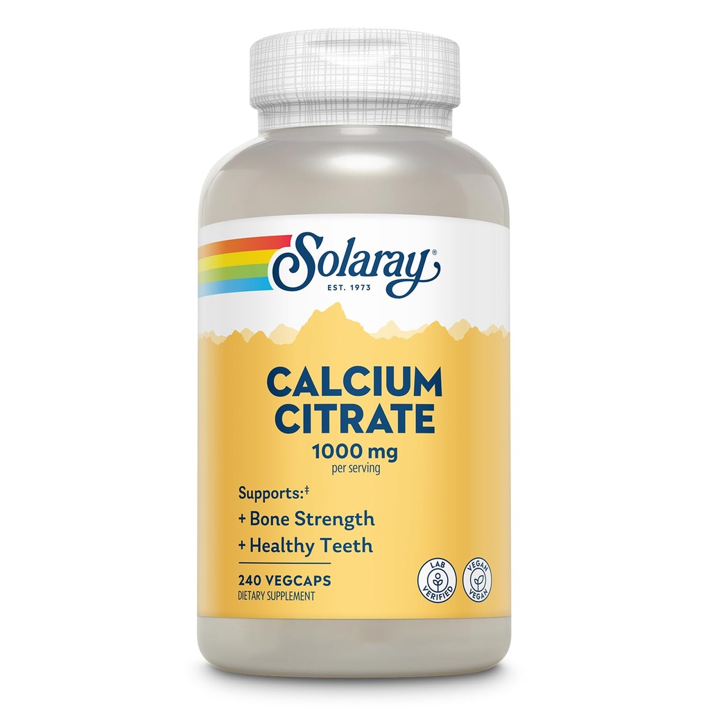 Solaray Wapnia Citrate 1000mg - Chelated Calcium Supplement - Wspiera wytrzymałość kości i zdrowe zęby - Łatwe w trawieniu - 60- Day Guarantee, Vegan - 60 Servings, 240 VegCaps