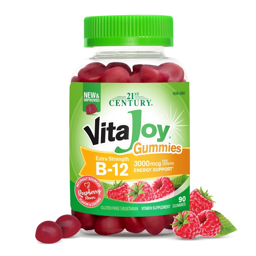 21 Century VitaJoy Extra Siła B- 12 3000 μg Gummies, Malina, 90 Hrabia