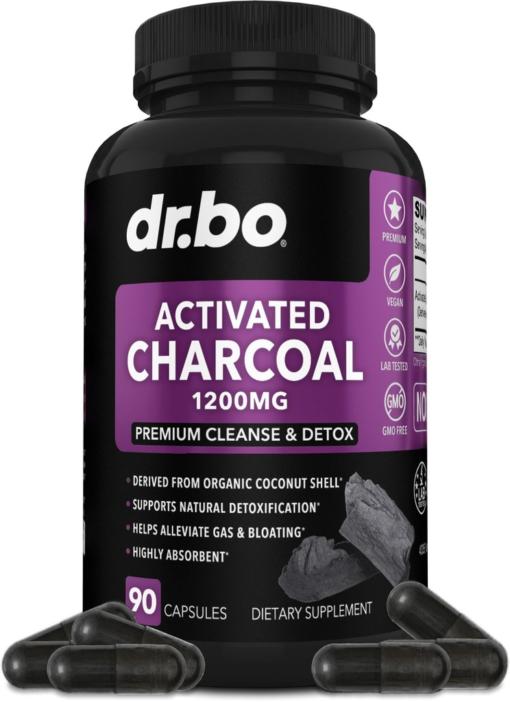 Aktywowany węgiel węglowy Kapsułki Oczyścić Detox - 1200mg Organic Coconut Charcoal Pills for Stomach Gaz i Bloating Relief for Men Women Kids - Aktywne kapsułki proszek Binder Aktywne suplementy dla Gut
