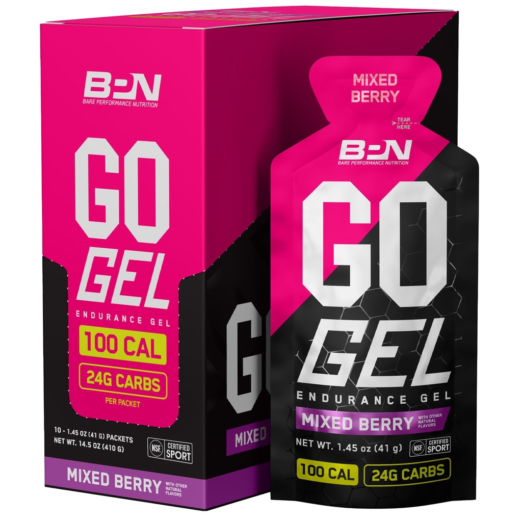 NALEŻY WYMAGAĆ BARE, BPN Go Gel Endurance, 24 g węglowodanów i 100 kalorii na opakowanie, Vegan + Gluten Free Running Gel, 10 opakowań jednorazowych, Mieszane Berry