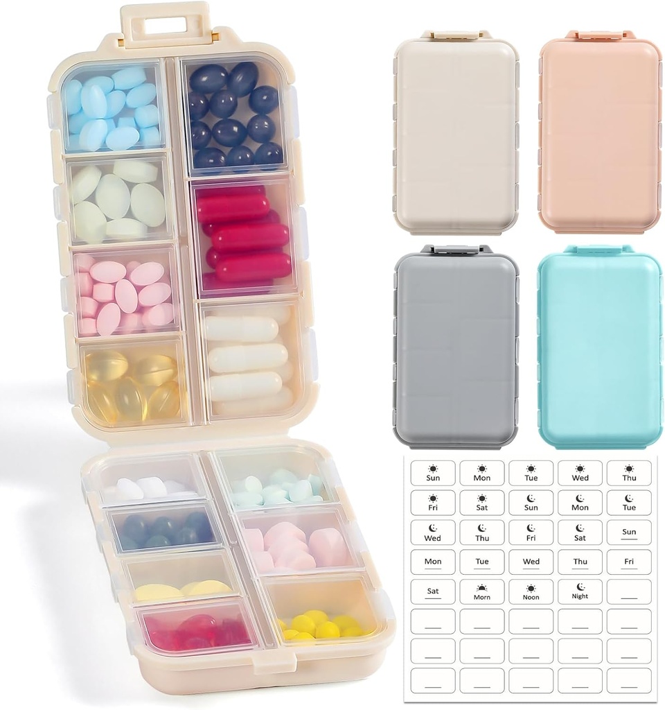 4 Pack, 14 GRIDS Travel Pill Organizator Box z etykietami - Zestaw leków podróży Case Kit - Pocket Daily Pharmacy Container - Travel Medication Holder Dispenser for Fish Oil Suplement witaminy Storage