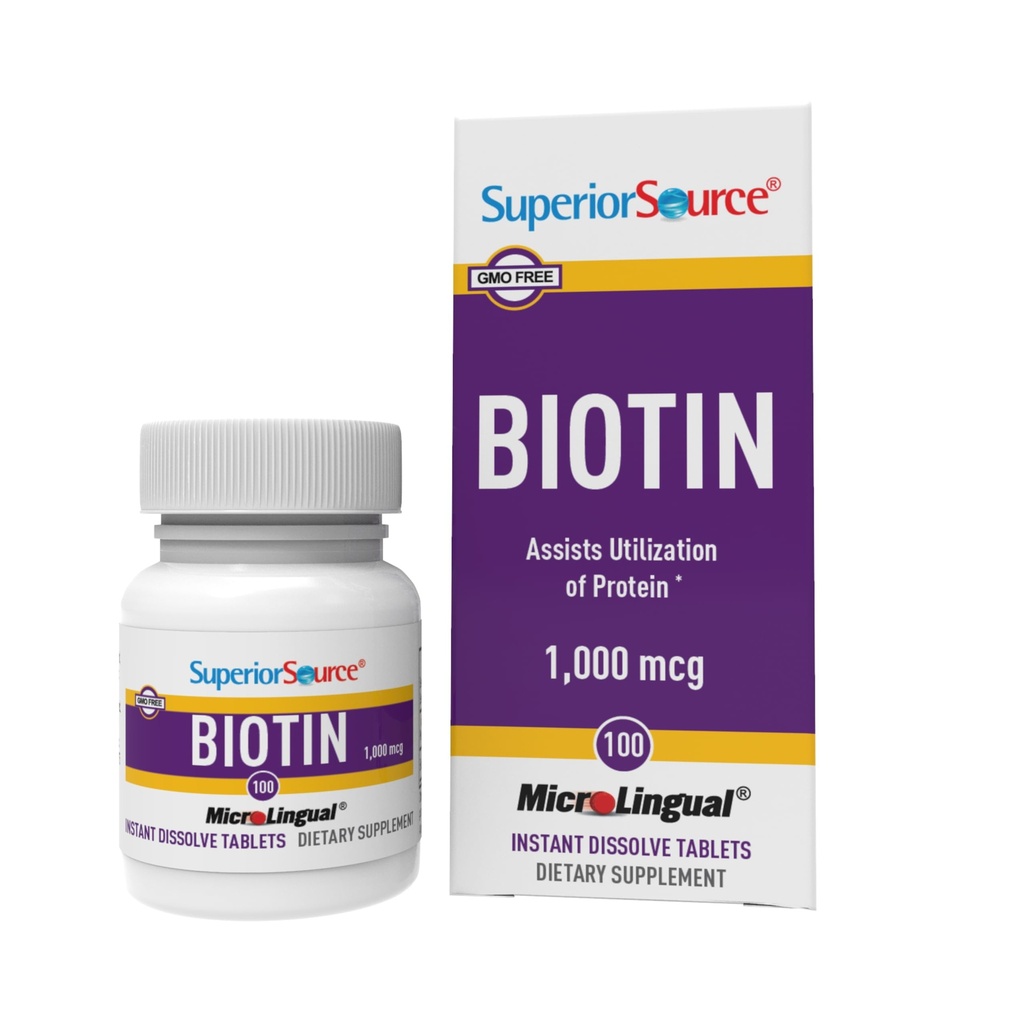 Superior Source Biotin 1000 mcg. Pod Język Szybki Rozpuścić Micro Llingual Tablets, 100 Count, Wspiera zdrowe włosy, Skóra, i wzrost paznokci, Pomaga wspierać metabolizm energii, Non-GMO