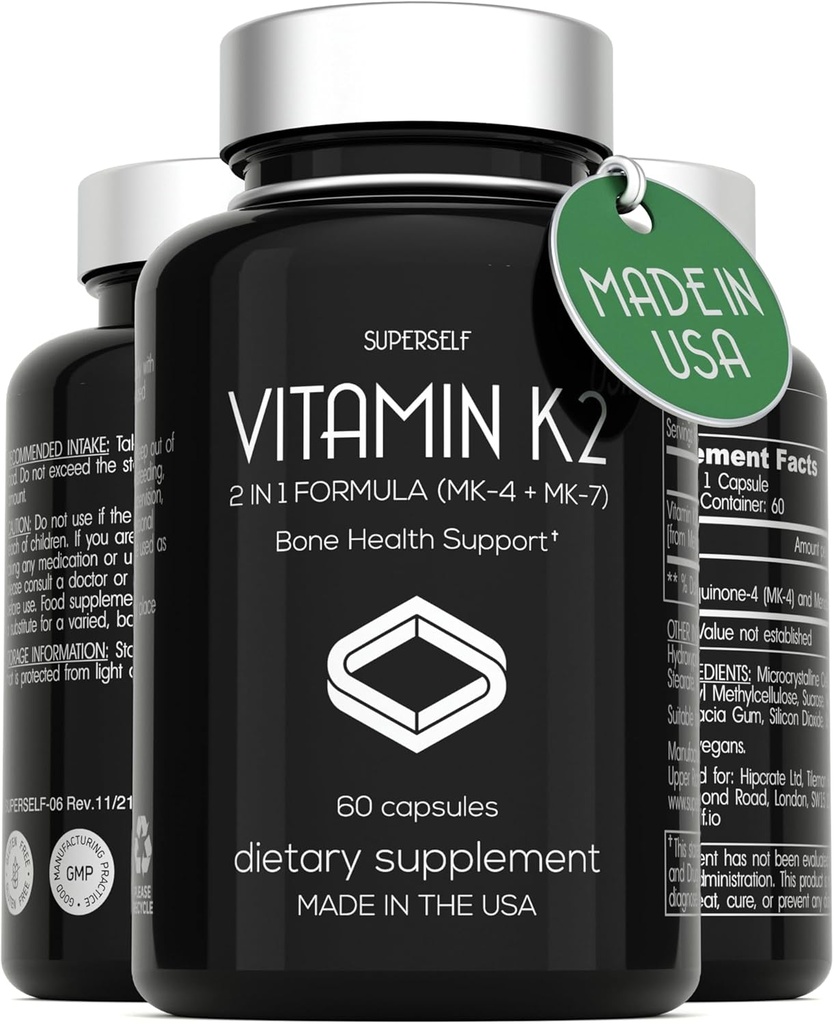 Witamina K2 Kapsułki 100 μg - Witamina K Complex MK- 7 & MK- 4- 60 Kapsułki - VIT K2 2 w 1 Formuła suplement o wysokiej wytrzymałości MK7 MK4 - Made in USA - Vegan & Non-GMO
