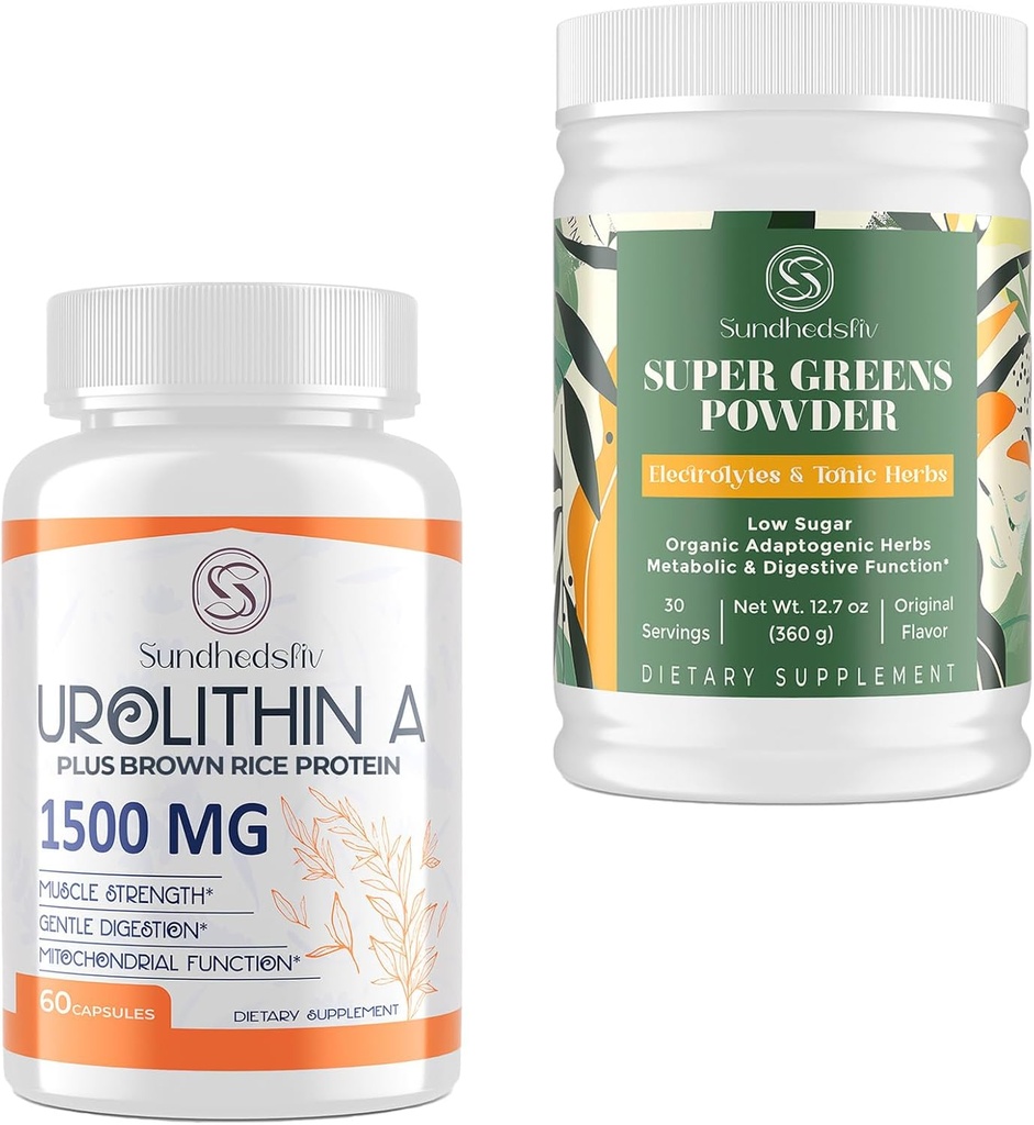 Urolityna A Suplement 1500MG Plus brązowy ryż Białko + Super Zielony proszek Superfood Suplement z elektrolitami i ziołami tonicznymi
