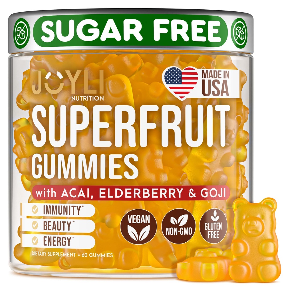 Joyli Superfruit Gummies - Gummeje wieloskładnikowe dla dorosłych - Naturalne gumowe witaminy dla kobiet i mężczyzn z Goji, Elderberry, Witaminy A, C, D & E - Wspiera odporność, trawienie i energię