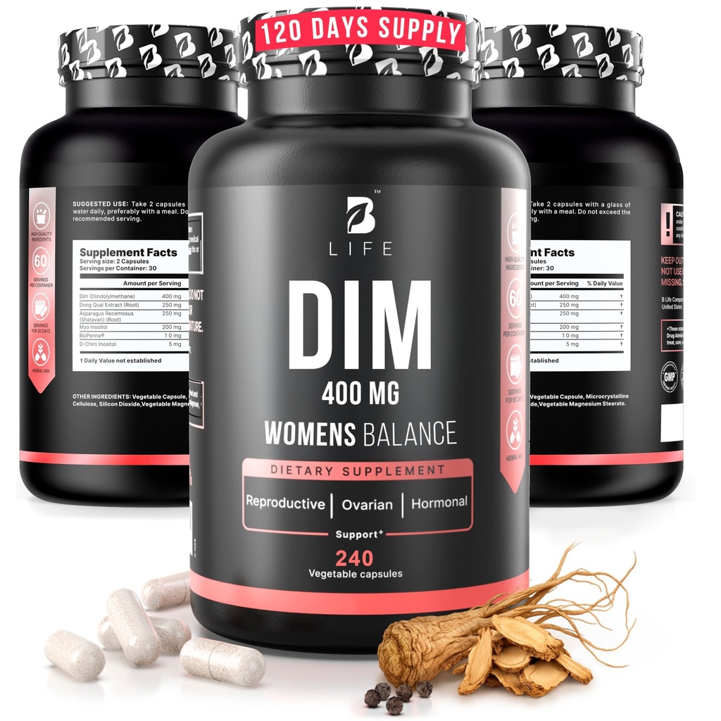 Suplement DIM 400 mg z Myo & D- Chiro Inositol, Dong Quai - Suplementy PCOS - Hormon równowagi dla kobiet - Suplementy płodności - Suplement Inositol - 240 Czapki