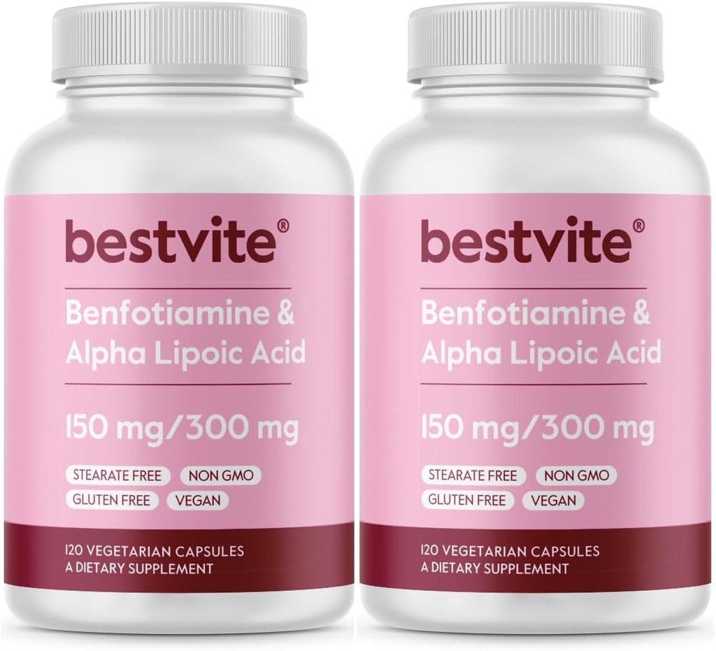 Benfotiamina 150mg / Alpha Lipoic Acid 300mg (240 Kapsułki wegetariańskie) (120x2) - No Stearates - Vegan - Gluten Free - Non GMO