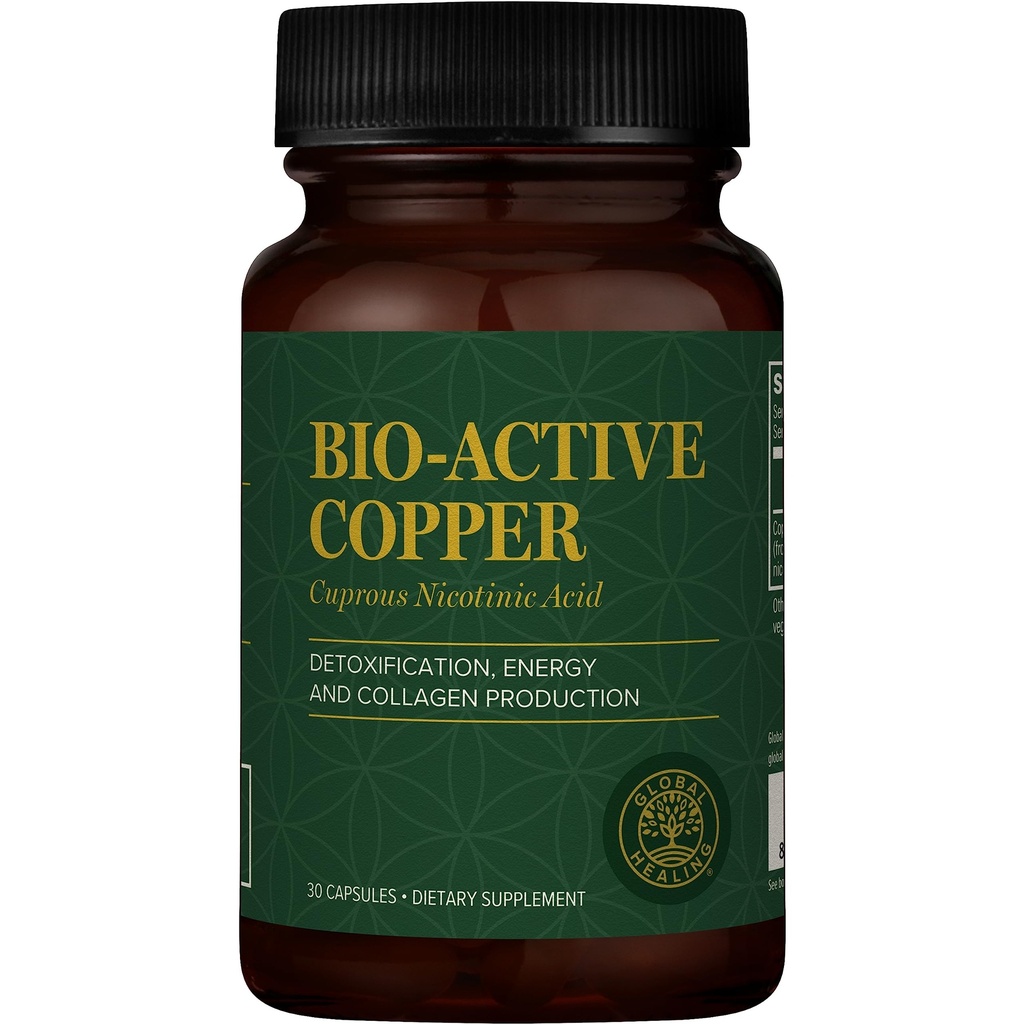 Global Healing Bio- Active Copper Supplement Cu1 - Cuprous Acid nikotynowy pomaga detox ciała z wewnątrz - Wspiera układ immunologiczny i czerwoną komórkę krwi - Niacyna Witamina B3 Chelated Copper - 30 Kapsułki