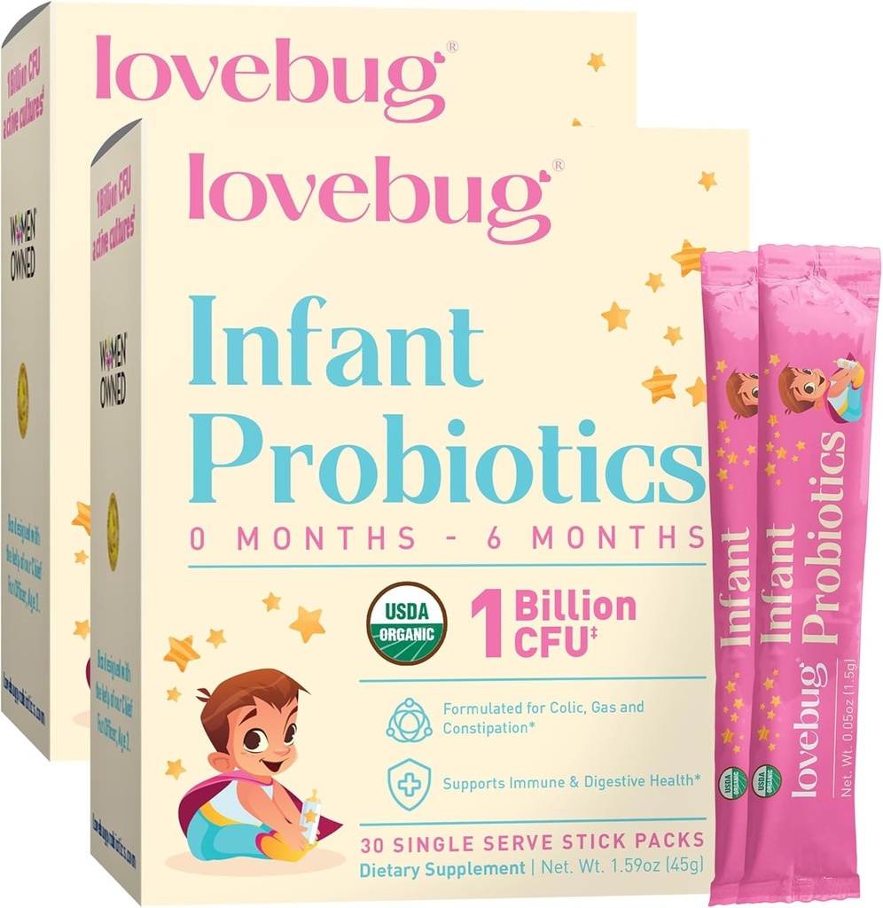 LOVEBUG Probiotyki dla niemowląt 0- 6 Miesiące - USDA Organic Probiotics for Babies, Wspiera Baby Gaz, Kolic, Biegunka i nowo narodzonych Zaparcia Relief, Allergen & Sugar Free, Proszek bez smaku, 60 Pack