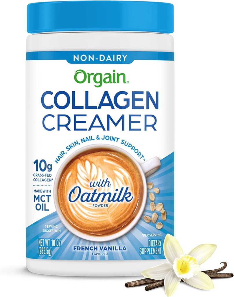 Orgain Collagen Coffee Creamer, 10 g trawa fed hydrolizowana Kolagen Peptydes, French Vanilla - Z organicznym mlekiem owsianym w proszku, olej kokosowy, olej MCT, olej awokado, włosy, skóra, paznokci, i wspólne wsparcie - 10oz