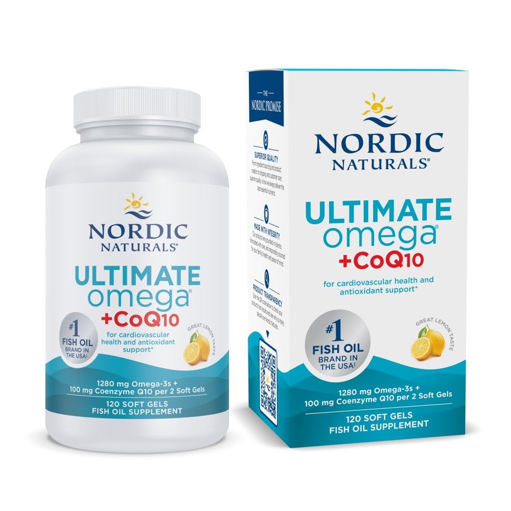 Nordic Naturals Ultimate Omega + CoQ10, Lemon - 120 Soft Gels - 1280 mg Omega-3 + 100 mg CoQ10 - Heart Health, Cellular Energy, Antioksydant Support - Non-GMO - 60 Servings
