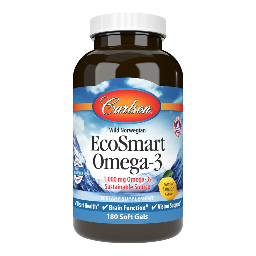 Carlson - EcoSmart Omega- 3, 1000 mg Omega- 3, Zrównoważone Źródło, Heart Health, Funkcje mózgu i Vision Support, Lemon, 180 Softgels