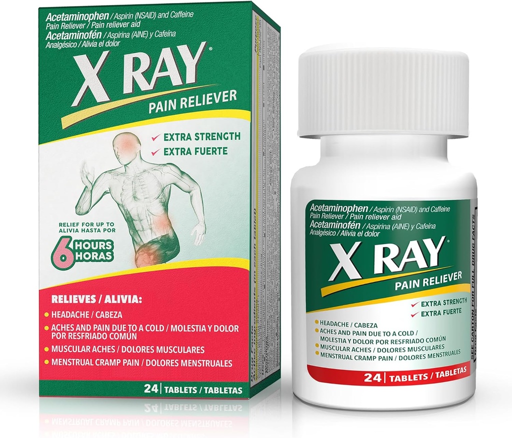 X RAY dodatkowy ból silny Reliever: Acetaminofen 500 mg, Aspiryna, Kofeina - 24 tabletki Każda, Potent Formuła Migrena, Ból głowy, i ból pleców Ulgi, Zmniejsza zapalenie