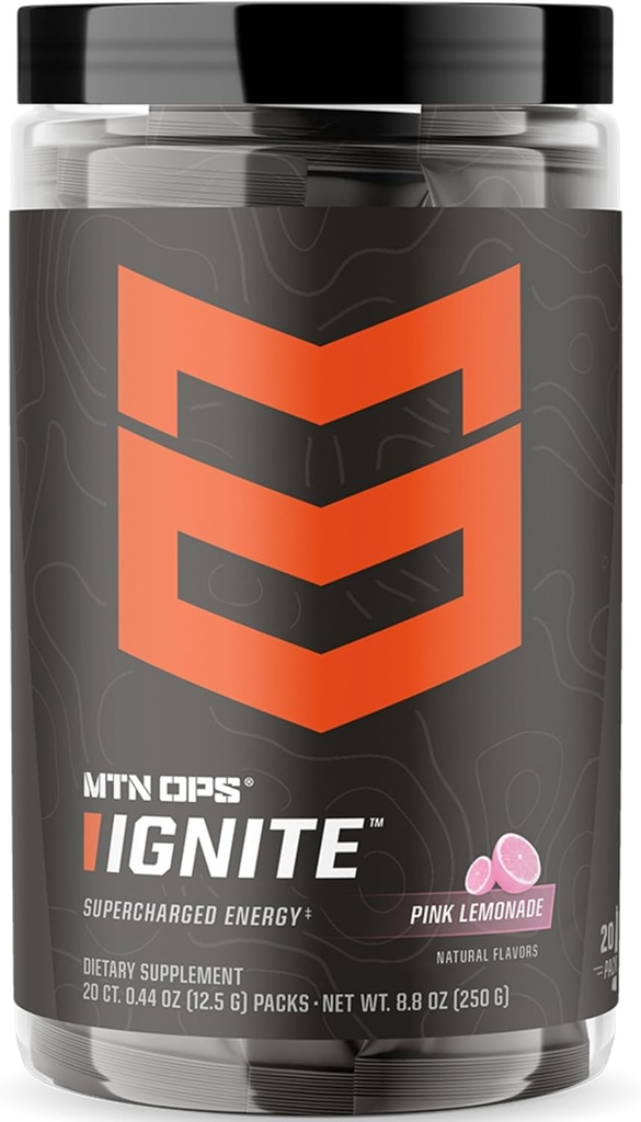MTN OPS Ignite Trail Packs Energy Drink Powder, Gluten Free Nootropic Supplement Drink Mix, L Arginina, L Cytrulina, Kofeina & Nootropic Sugar Free Drink Mix, 20 Słupki, Różowa Lemoniada