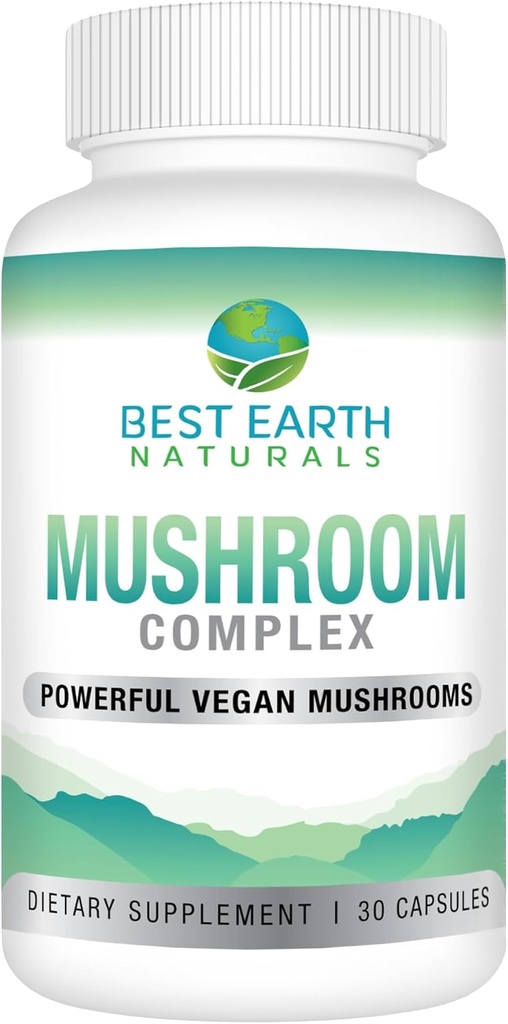 Najlepsze ziemskie Naturals Vegan Mushroom Complex Supplement for Energy, Clarity & Cognitive - Immune Support w / Lion 's Mane, Reishi, Chaga, Maitake & Shiitake 30 Day Supply (30 kapsułki)