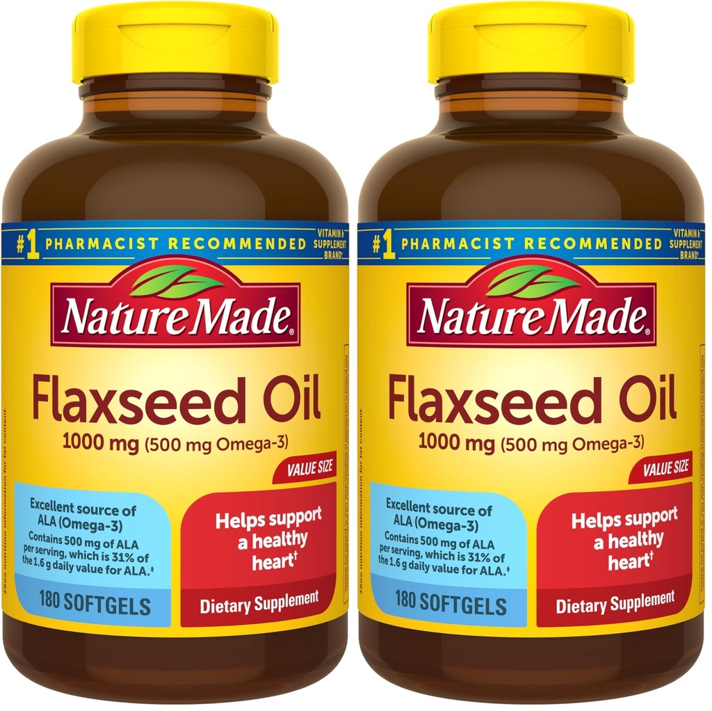 Nature Made Flaxseed Oil 1000 mg, Suplement diety do wsparcia zdrowia serca, 180 Softgels (Opakowanie 2)