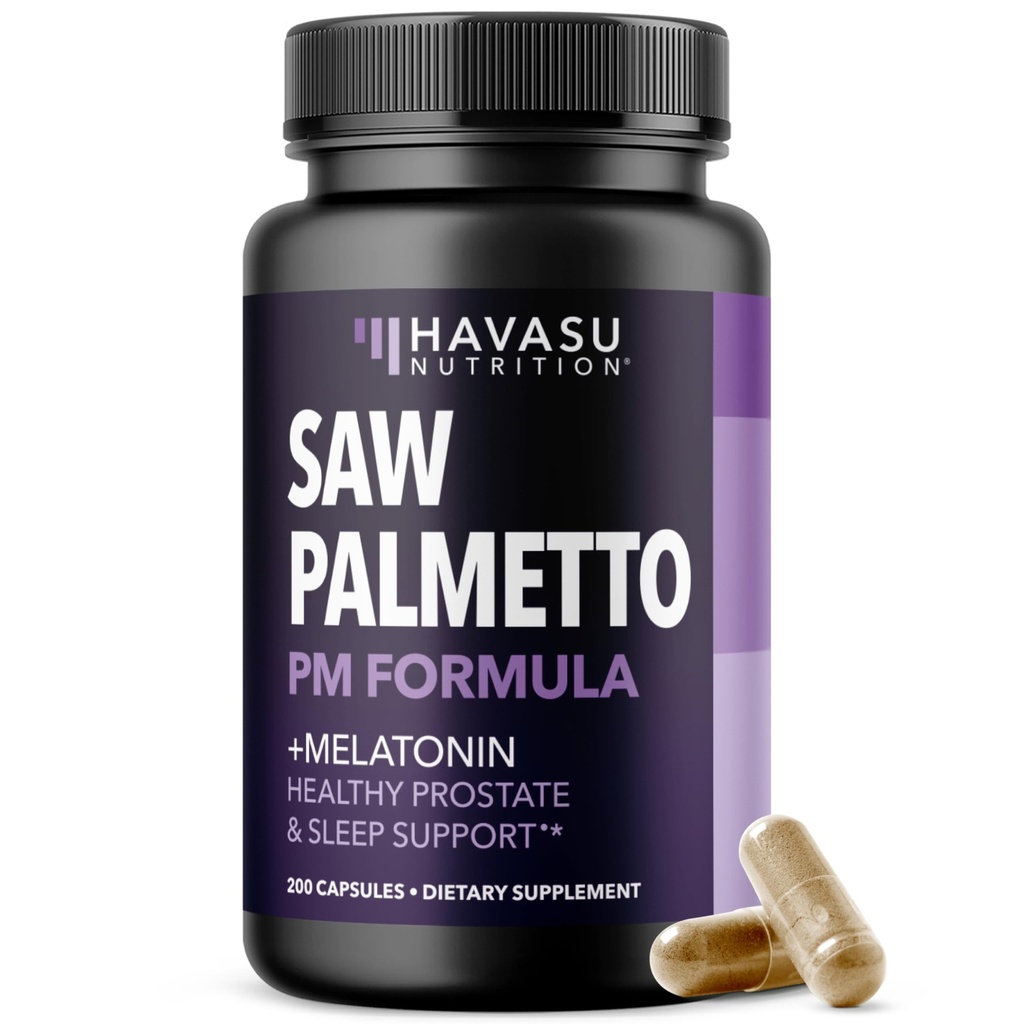 Saw Palmetto PM dla mężczyzn z melatoniną 3 mg - Night Time Prostate Health Supplement for Bladder and Sleep Support - Redukcja częstotliwości oddawania moczu - 200 Count - Vegan, Non-GMO Kapsułki - Ponad 6 Miesiące Dostawy