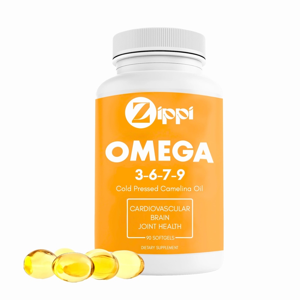 Zippi Omega 3- 6- 7- 9 Camelina Softgels - Plant Based Omega 3- 6- 7- 9 Suplement kwasów tłuszczowych. Pomaga wspierać mózg, wątrobę, układ krążenia, odporność i wspólne funkcje
