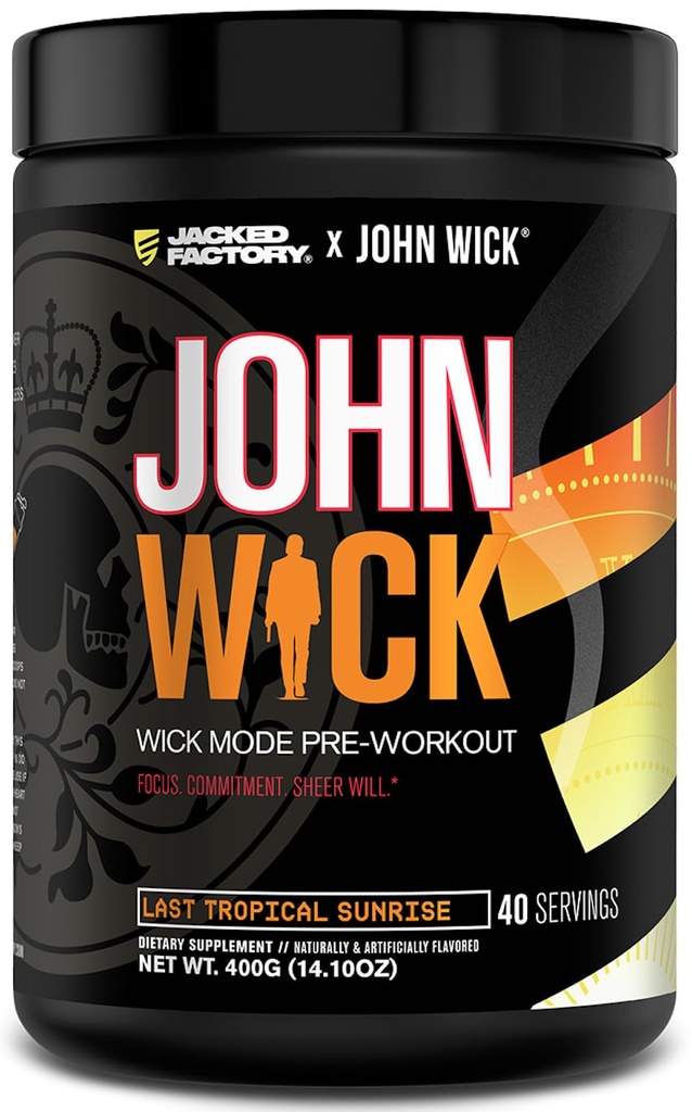 Jacked Factory X John Wick - Wick Mode Pre Workout Powder - Intensywna energia, Battle- Ready Focus, Niepowstrzymane zaangażowanie i Sheer Will - 40 Sług, Ostatni tropikalny wschód słońca