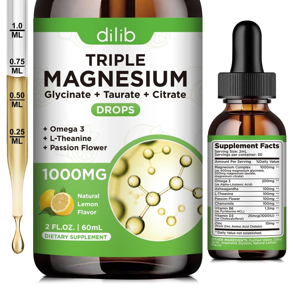 Liquid Magnezu Glycinate Supplement 1000mg, Calm Magnezu Citrate, Taurate Drops with Omega 3, Cynk, Ashwagandha, L- Theanine, Rumomile for Sleep, Mood, Stress Relief, Kości, Mięśnie, Lemon Flavor