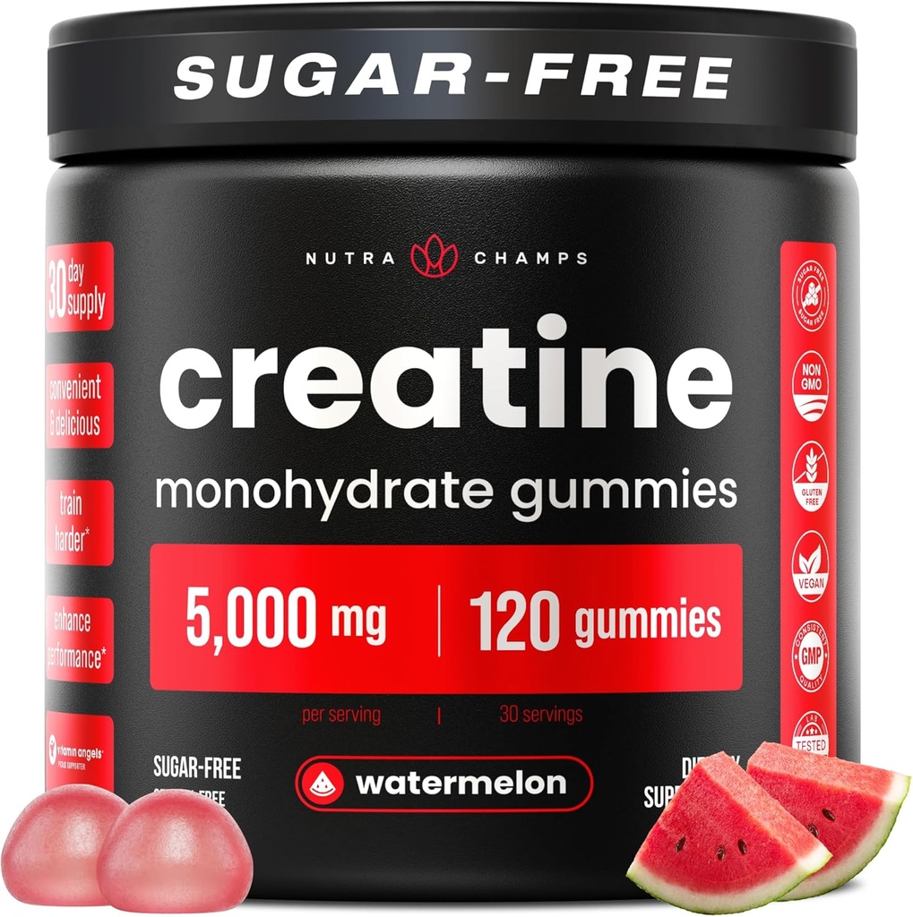 NutraChamps 120 Gummies dla mężczyzn i kobiet - 5g Bezcukrowe Gummies do żucia Kreatura Monowodzian - Wspiera syntezę białek, Odzysk mięśni i wydajność treningu