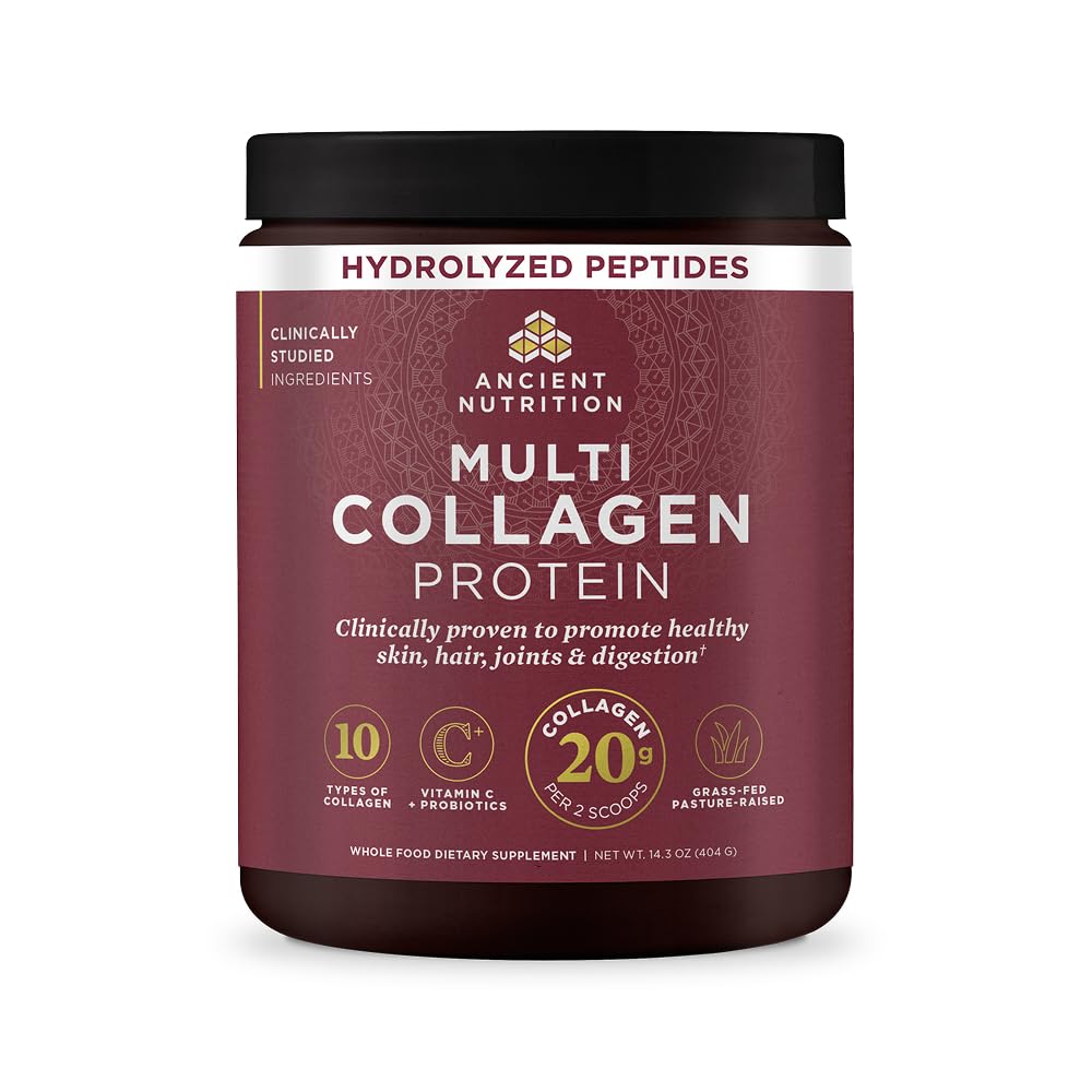 Ancient Nutrition Collagen Peptydes Proszek, Multi Collagen Protein, Kobiety i mężczyźni, Witamina C, Probiotyki, Zhydrolizowane Kolagen, Wspiera Skóra, Łączniki, Gut Health, Unflavored, 40 Sługi