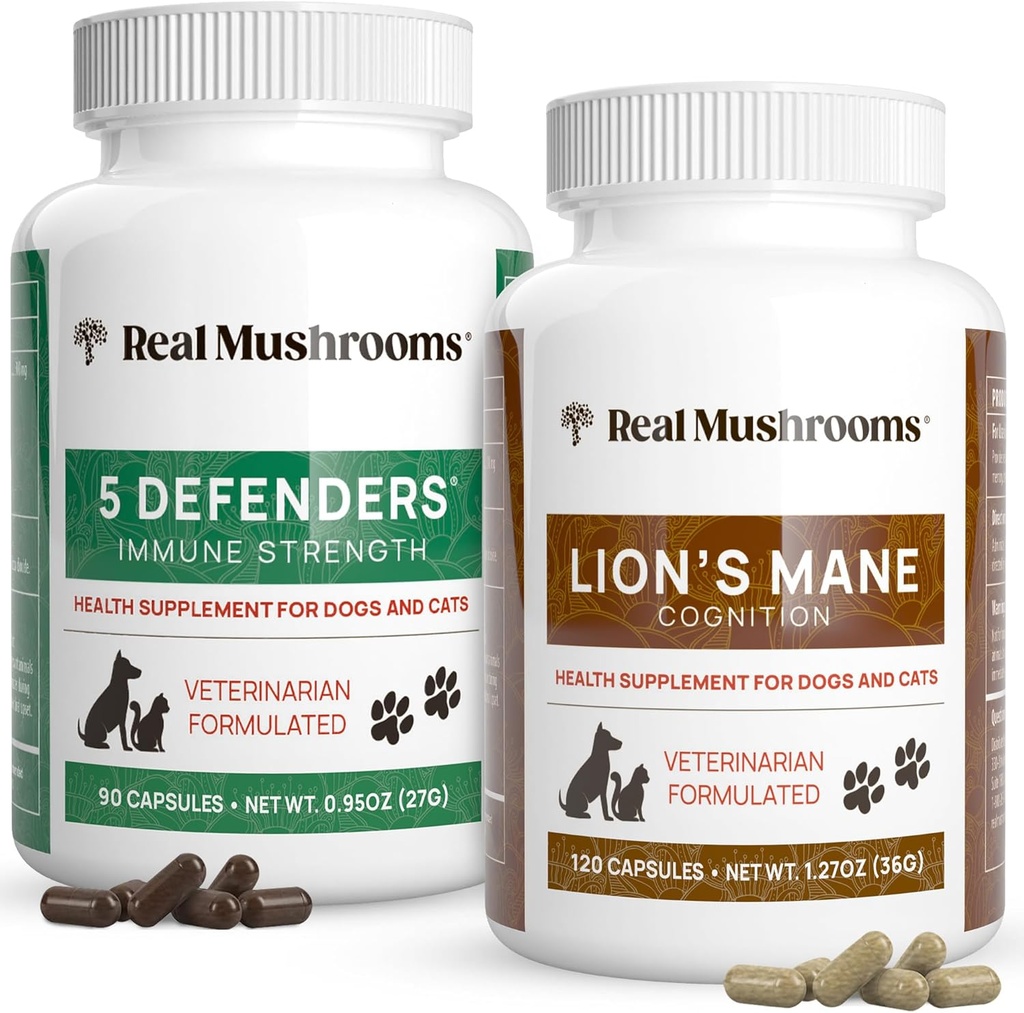 Real Mushrooms 5 Obrońcy dla zwierząt domowych (90ct) i grzywa dla zwierząt domowych (120ct) - Paleta dla immunologicznej siły i zgorzelenia - Wegan, Non-GMO, Gluten- Free, Gluten- Free Mushroom Pet Supplements