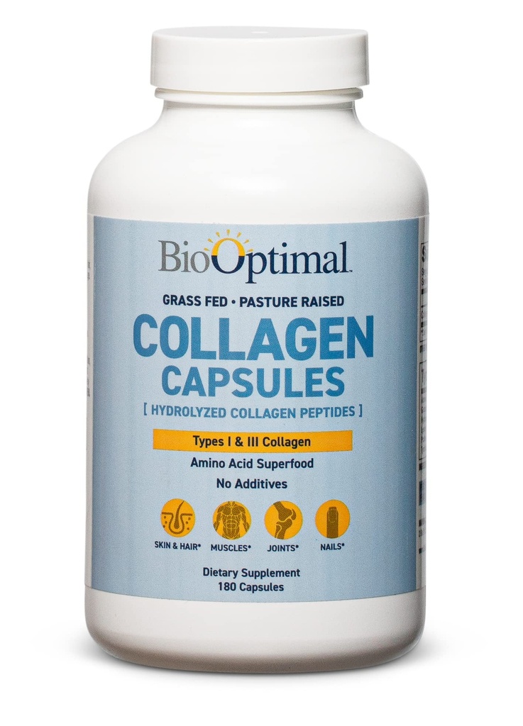 BioOptimal Collagen Peptydes kapsułki - Grass- Fed, Pasture- Zhydrolizowany suplement białkowy dla skóry, włosów i paznokci - Non-GMO, Zero Sugar Daily Pills dla mężczyzn i kobiet (180 kapsułki)