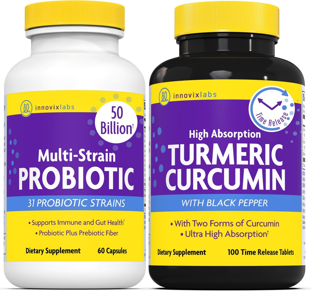 InnovixLabs Multi Probiotic & Curcumin Bundle Multi- Strain Probiotic (60 Kapsułek uwalniających czas) Kurkumina Turmerowa (100 tabletek uwalniających czas). Pomaga Gut i Immune Health. *