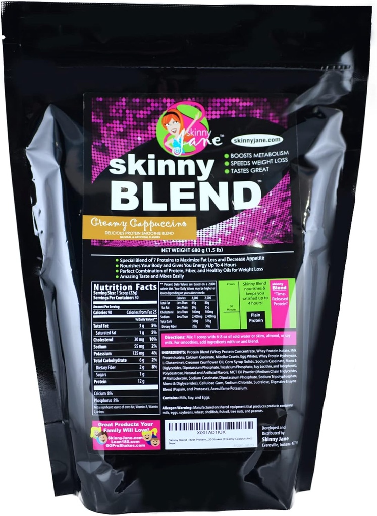 Skinny Blend - Wysokie białko shake dla kobiet - Niskie węglowodany, Keto Friendly Meal Replacement - Zadowolony głód, Boost Energy - 30 Shakes - Creamy Cappuccino
