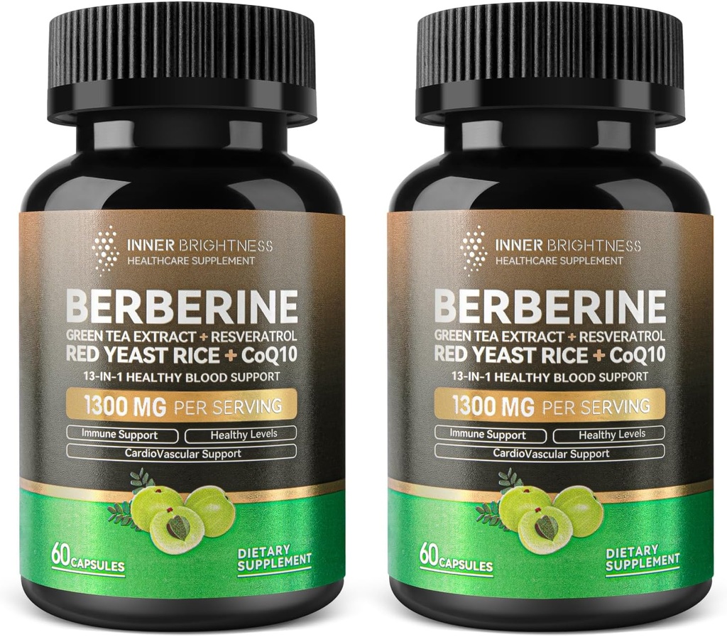 Berberine 1300mg z Green Tea Extract, Resveratrol, Red Yeast Rice & CoQ10 - 13- in-1 Immune Health, Natural Metabolic Support - 60 Kapsułki - Non-GMO, Lab Tested - 2 Pack