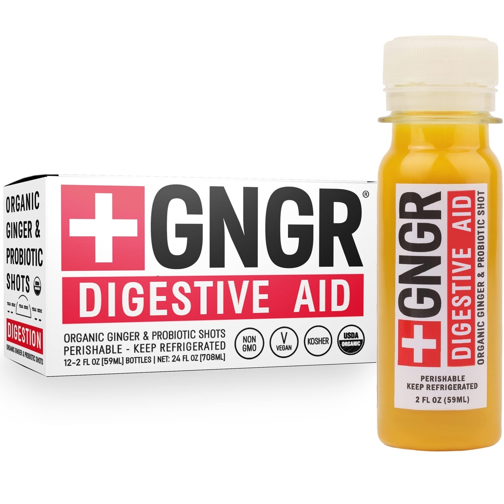 + GNGR Digestive Aid Organic Ginger Shots z probiotyki, Gut Health, Colon Cleanse, Bloating Relief, Gut Detox, Immunitet Shots z Ginger Juice, Turmeric, Black Pepper. (2 Oz, Pack of 12)