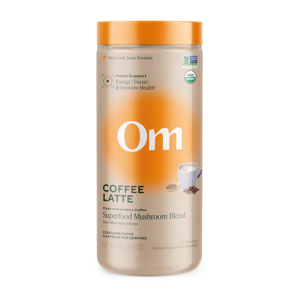 Om Mushroom Superfood Coffee Latte Blend - Funkcjonalny proszek Mushroom z grzywą Lwa, Cordyceps, Reishi & Chaga - Energia, Focus & Mental Clarity Support - 8.47 Oz Canister (30 Słupki)