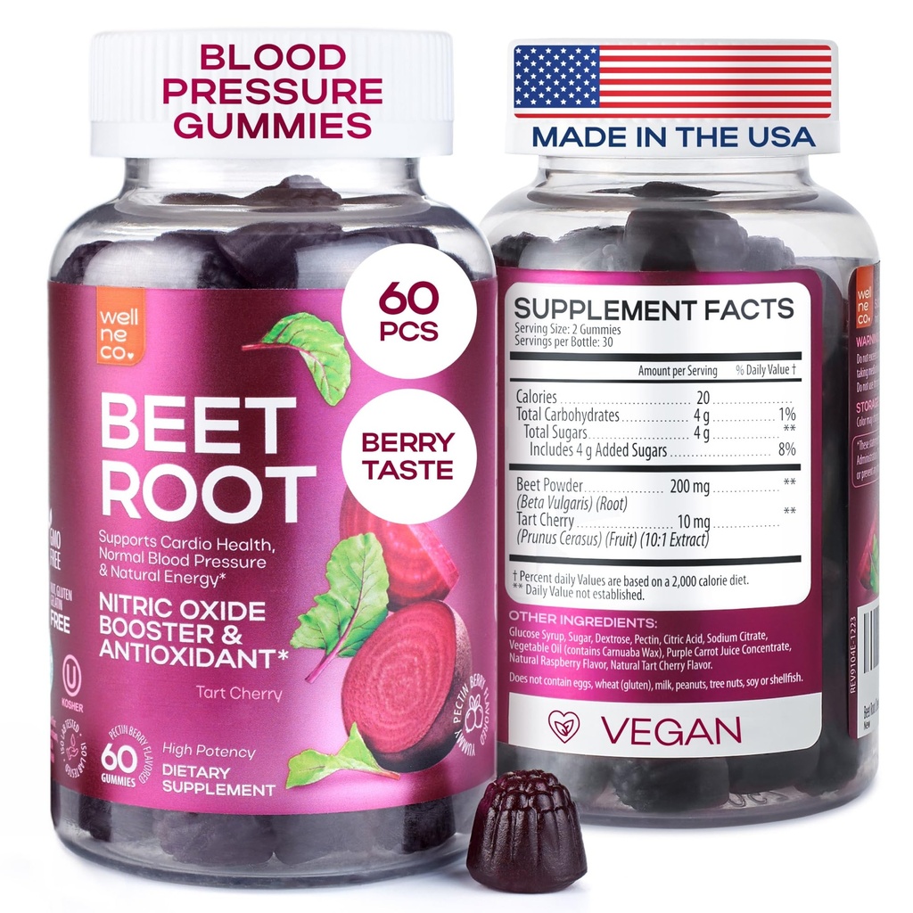 Beet Chews for High Blood Pressure - Beet Root Gummies Made in USA with Tart Cherry - Nitric Oxide Supplements for Energy and Cardio Health - Vegan, No GMO, Pectin Based - for Women and Men, 60 szt.