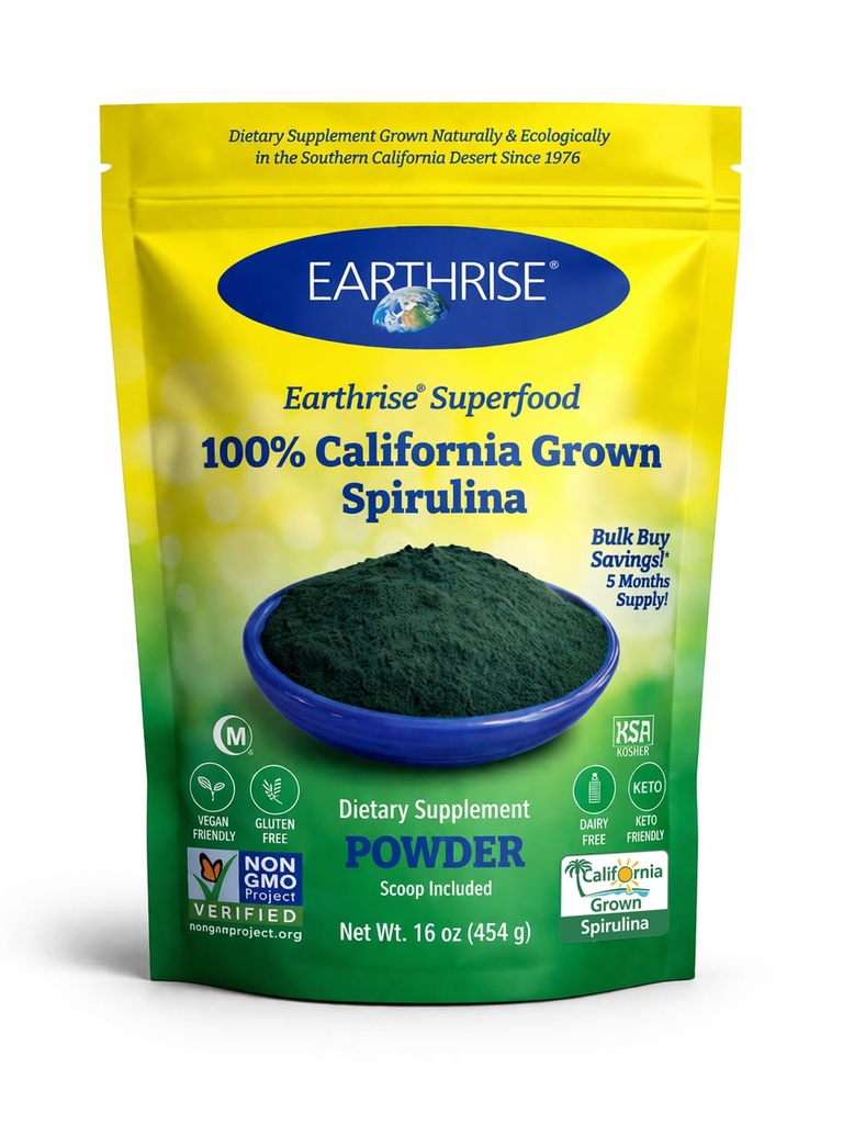 Earthrise Spirulina Natural Powder 16oz, Natural Premium Spirulina z Kalifornii-Vegan, Gluten Free, Keto Friendly, Nie-GMO Super Food wysokiej w witamin i minerałów. (1 LB)