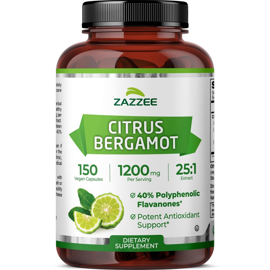 Zazzee Citrus Bergamot 25: 1 Extract 1200 mg, 40% Polyphenolic Flavanones, 150 Kapsułki wegańskie, Kosher, Koncentrated and Standaryzed 25X potencja, Non-GMO i All- Natural, Made in USA