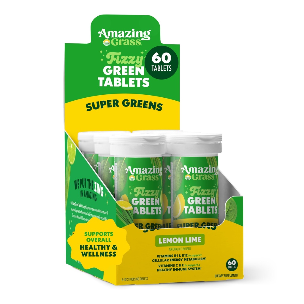 Niesamowita trawa tabletki musujące: Zielony Superfood tabletki do zapalania wody z antyoksydantami i alkalizujące Zielone, Limonka Lemon, 60 Count