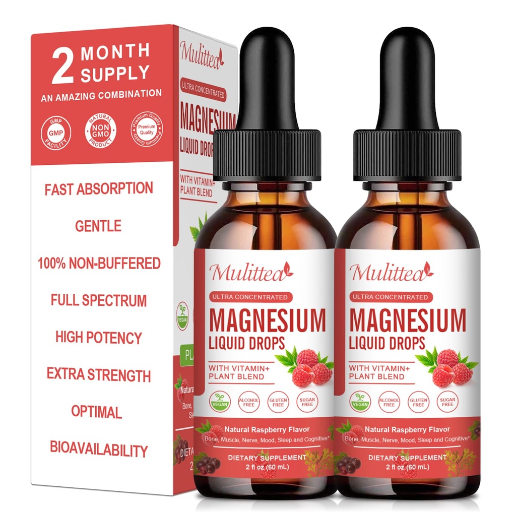 Płynna kropla glicynianu magnezu - Triple Absorption Supplement to Support Nerves, Sleep, Calm, Heart, Muscles * -Sugar-Free with Potasu, L- Theanine, Sea Moss, Witamina B, C, D3, K2- 2Pack