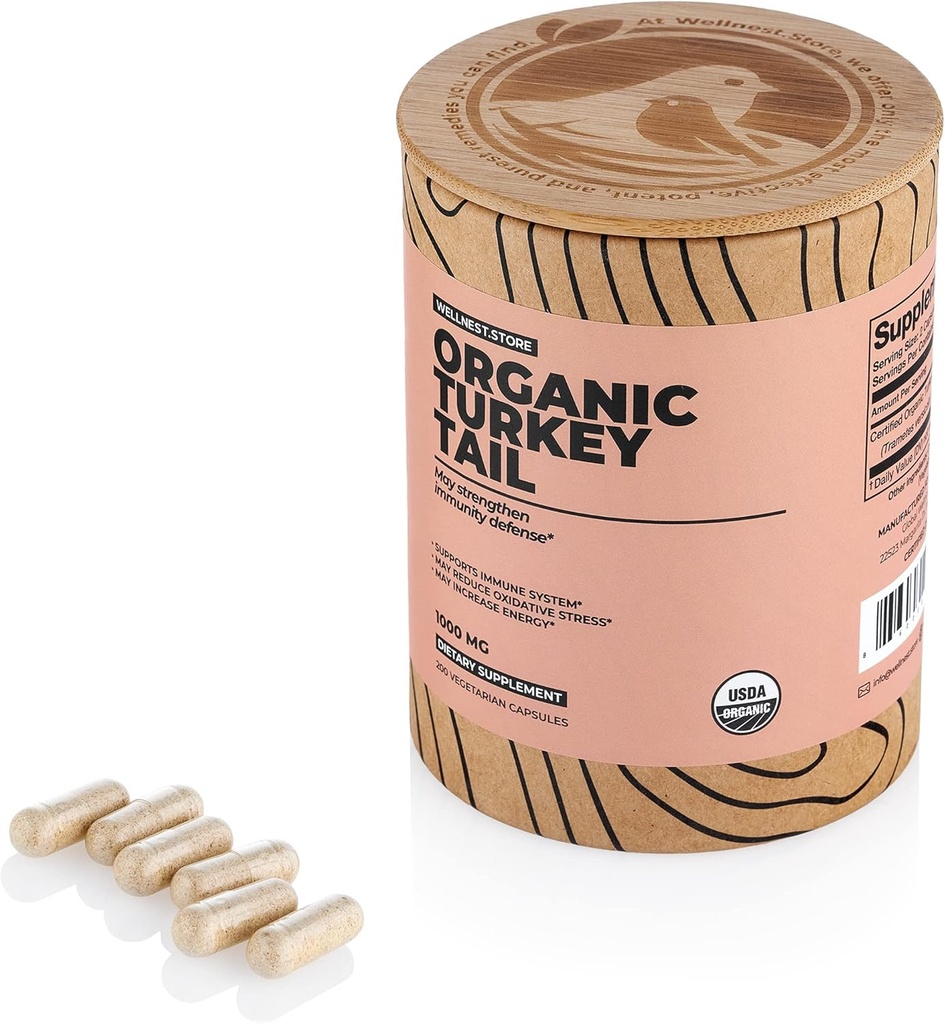 Wellnest. Magazyn Turcja Ogon Organic Mushroom (Trametes Extract) 200 Veggie Czapki - Suplement wsparcia immunologicznego; Promotes wzrostu bakterii pożytku w Gut + zwiększa energię