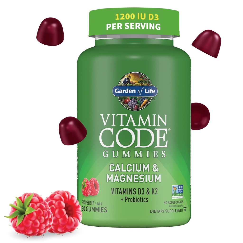 Ogród Witamina Kod Wapnia Magnezu Gummie z D3 & K2, Wspiera zdrowie kości i wytrzymałość kości + Prebiotyki i Probiotyki do wsparcia diety, Non-GMO, Gluten- Free, 60 Malina Gummies