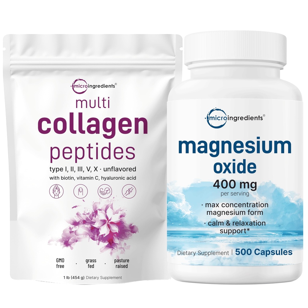 Micro Ingredients Multi Collagen Protein Powder 16oz & Magnezu tlenek 400mg Bundle Pack